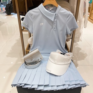 韩国高尔夫球服装 女士夏季短袖T恤修身显瘦翻领Polo衫百褶裙裤子