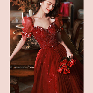 红色晚礼服结婚长款亮片纱裙高级质感宴会气质高端新娘，敬酒服长裙