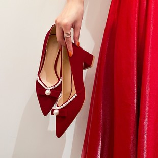 秀禾服婚鞋女2022红色粗跟不累脚酒红珍珠新娘中式两穿婚纱鞋
