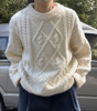奶白色冬季毛衣羊毛慵懒风圆领短款毛衣韩版款式麻花针织衫厚