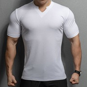运动撸铁肌肉男健身休闲短袖跑步锻炼训练纯色弹力V领条纹T恤透气