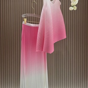 港风套装裙两件套夏季女2023年粉色渐变法式无袖褶皱连衣裙子