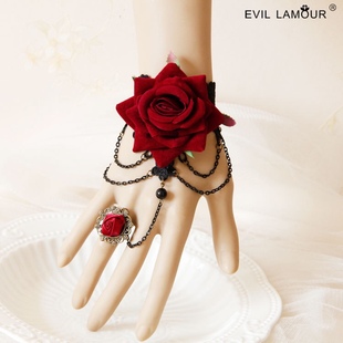 玫瑰配饰手链戒指一体红色手背夸张结婚小众洛丽塔酒红复古手饰女