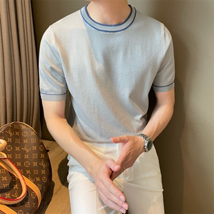 韩版轻奢拼撞色圆领透气针织T恤衫夏季小香风修身弹力短袖潮男t恤