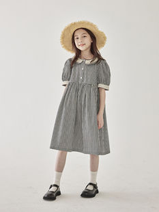 女童夏季森系黑白格泡泡袖，连衣裙儿童文艺拼接花边领复古长裙
