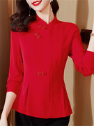 中国风立领衬衫女士春秋装修身显瘦盘扣衬衣中式红色雪纺上衣
