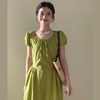 法式复古短袖连衣裙，女夏收腰小个子显瘦中长裙子绿色棉质度假