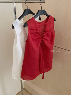 韩系红色麻料后背抽绳无袖背心上衣女2024夏季新法式宽松甜美小衫