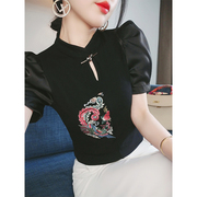 短袖t恤女2024设计感小众上衣时尚显瘦中国风刺绣泡泡袖小衫