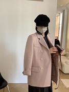 2022秋冬季韩国设计师清新淡雅藕粉色双面羊毛羊绒大衣外套