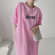 韩国chic夏季休闲小众圆领做旧字母印花设计宽松长款T恤连衣裙女