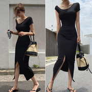 黑色莫代尔连衣裙修身弹力，长裙夏季短袖前开叉性感气质中长打底裙