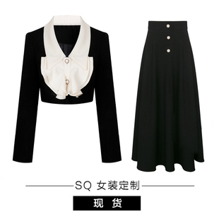 sq黑色翻领女外套+半身裙设计感小众秋季套装，高级感两件套