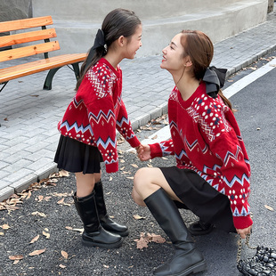 韩版母女装毛衣秋冬亲子装百搭洋气秋装针织衫红色条纹冬装潮