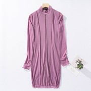 D39-3春季女装粉紫色弹力立领立体边设计网纱黑色长袖连衣裙