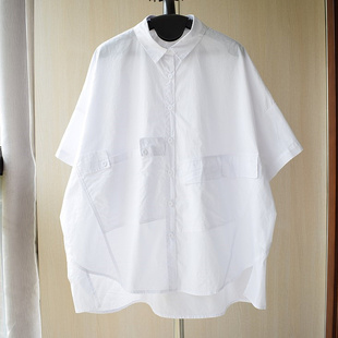 韩版时尚不规则口袋前短后长，宽松中长款短袖白衬衫纯棉大码上衣女