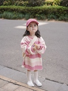 西米kids2022秋冬粉色条纹，长袖t恤甜美风奶昔长款卫衣