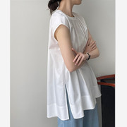 2023年夏季圆领无袖中长款纯色，欧版水洗棉衬衫，女韩版慵懒风衬衣