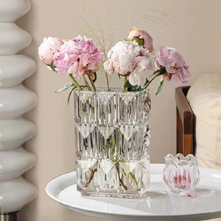 欧式水晶玻璃花瓶透明卢索扁方家居装饰品轻奢摆件插花器璀璨长方