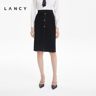 LANCY/朗姿2022秋季女士包臀裙黑色半身裙通勤显瘦修身高腰女