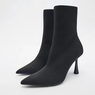 za2022年秋季女鞋黑色面料高弹力(高弹力)尖头，细跟短靴女高跟靴袜子靴