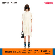 IIIVIVINIKO夏季欧根纱衬衫式短袖压褶连衣裙女M320647177D