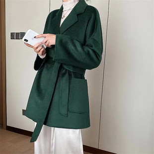 反季双面羊绒大衣女水波纹短款2023韩版西装领系带毛呢外套