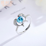 2022锆石海豚戒指，女水蓝宝石925纯银小众，设计开口爱心手饰品