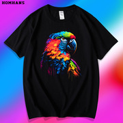 彩色鹦鹉图案印花短袖个性，好看的t恤夏季纯棉上衣男女同款宽松潮