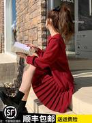 赫本风长袖红色连衣裙女秋季中长款2023小个子衬衫雪纺百褶裙