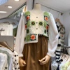 度假旅游民族风刺绣花朵针织马甲拼接雪纺衬衫假两件上衣长袖罩衫
