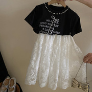 韩版气质甜美套装2024夏季女童珍珠字母T恤上衣蕾丝半身裙潮