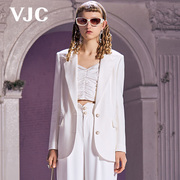 VJC/威杰思春夏女装V领西服中长款白色通勤休闲西装外套