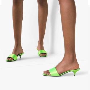 夏季绸缎荧光绿女鞋，中跟凉拖鞋绿色，拖鞋大码拖鞋小码女拖hbj