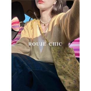 法国roujechic黄色拼接假两件撞色v领毛衣女春设计感小众针织衫