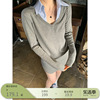 王少女(王少女)的店灰色拼接衬衫，领针织连衣裙，2024春季小众v领休闲短裙子