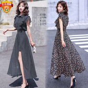 雪纺连衣裙女夏季韩版中长款显瘦飞飞袖波点荷叶，边短袖两件套裙子