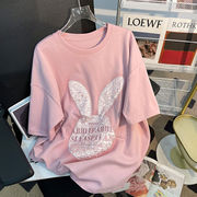 重磅纯棉粉色兔子刺绣字母短袖，t恤女夏季ins大码宽松休闲上衣