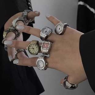 简约时尚朋克手表戒指百搭小众情侣手指，表迷你时钟可爱创意电子表
