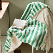 ins绿色条纹时尚秋冬季兔兔绒皮草绒毯单人毛毯加厚保暖双人盖毯