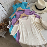 紫色圆领露肩短袖连衣裙日常懒散风针织长裙时尚休闲洋气