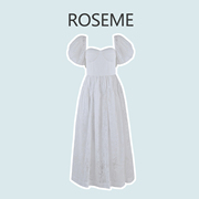 ROSEME白色法式暗纹印花公主长裙2023夏季方领大泡泡袖连衣裙