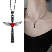 时尚复古黑天使翅膀十字架，吊坠项链男女通用小众，心形镶钻设计项饰