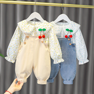 女宝宝秋装套装儿童0一1-2-3岁网红女婴儿，背带两件套女童洋气衣服