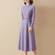 2023秋季蕾丝连衣裙秋装气质，优雅时尚打底立领，紫罗兰连衣裙