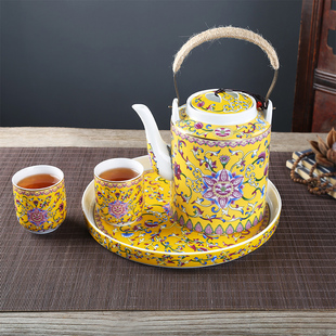 珐琅彩陶瓷凉水壶中式仿古提梁，壶家用大容量冷水壶红色结婚茶具