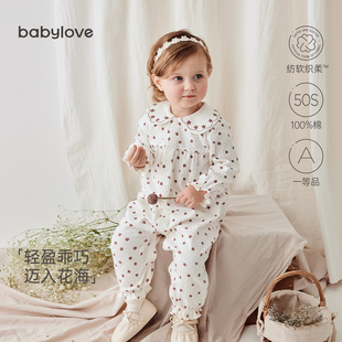 babylove婴儿连体衣春秋款纯棉哈衣女宝宝爬服公主风洋气弄花点点