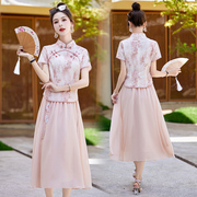 2024夏季新中式国风旗袍套装裙，年轻款少女复古流行时尚两件套裙子