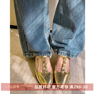 Kmeizu繁花新中式~5.5cm粗跟包头凉鞋女T字扣带中跟金银玛丽珍鞋