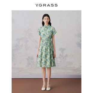 vgrass中式真丝棉，混纺气质连衣裙，女夏季复古花卉vsl2o22970